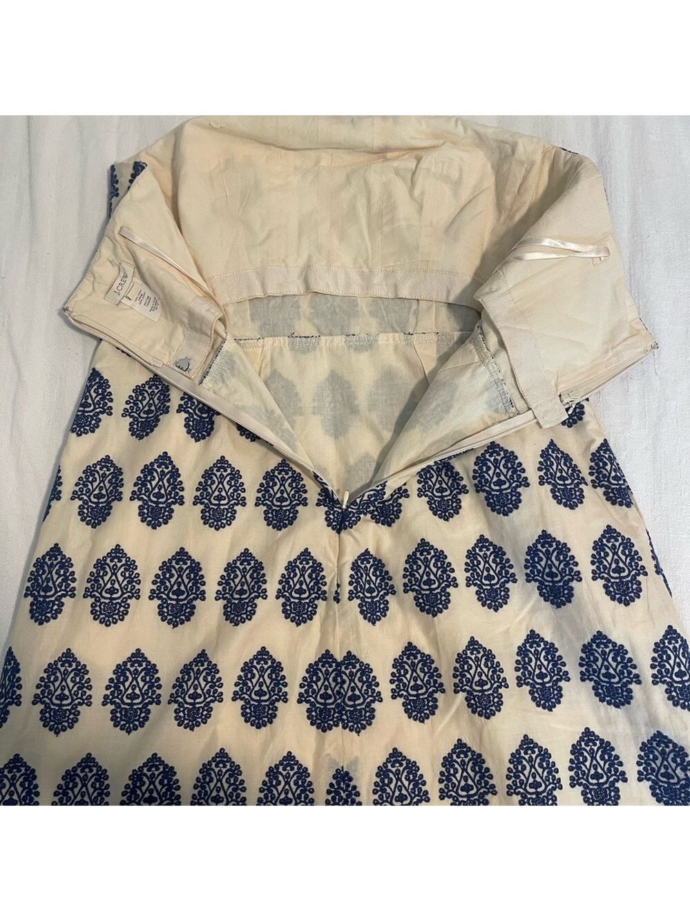 JCREW strapless embroidered mini/midi dress cream and blue size 10 pockets EUC - Picture 6 of 11
